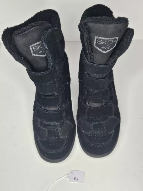 Skechers SKCH +3 Women Shoes Black 7.5 M Suede Leather Fringe Straps Wedge Boots
