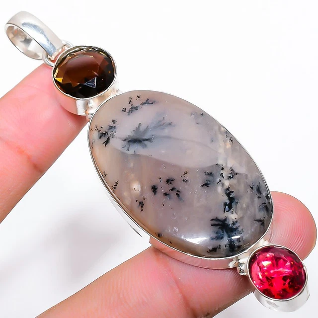 Honey Dendritic, Topaz Gemstone 925 Sterling Silver Jewelry Pendant 3.35"