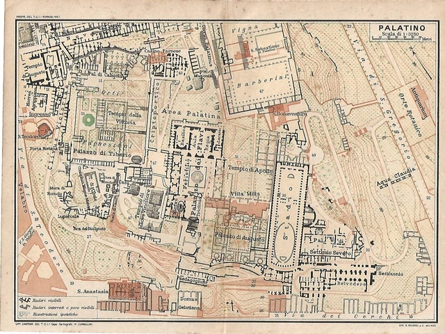CARTA GEOGRAFICA ANTICA ROMA COLLE PALATINO TCI 1925 Old Antique map ...
