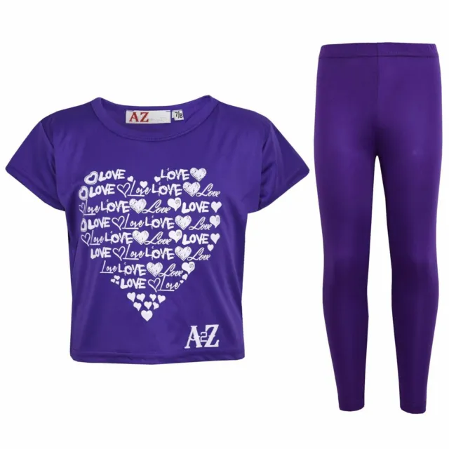 Kids Girls Top Love Print Stylish Purple Crop Top & Fashion Legging Set 5-13 Yrs