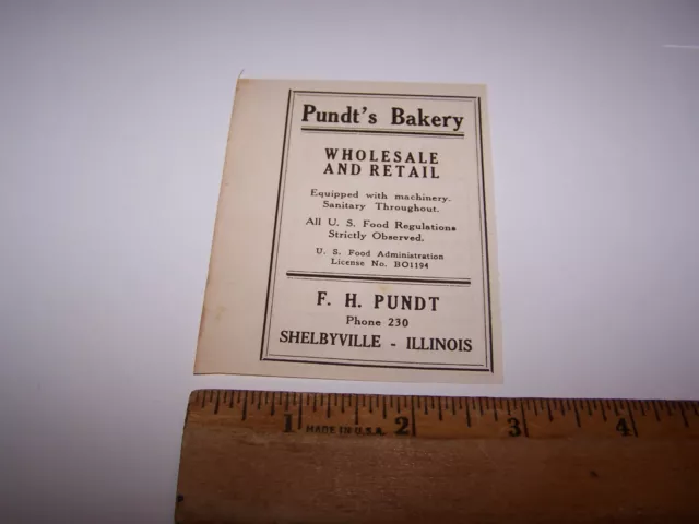 1918 F.H. PUNDT BAKERY Paper Ad SHELBYVILLE ILLINOIS