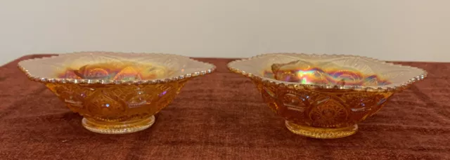 2 Marigold Carnival Glass Bonbon / Nibbles Dishes / Bowls 2