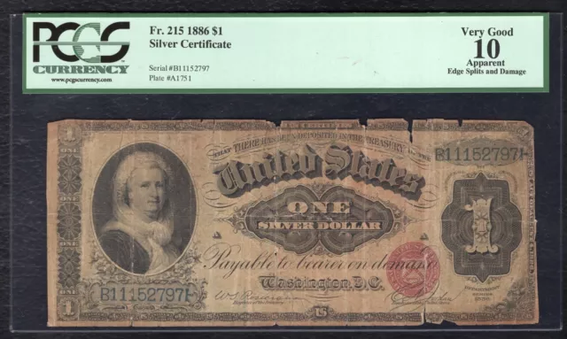 Fr. 215 1886 $1 One Dollar “Martha” Silver Certificate Currency Note Pcgs Vg-10