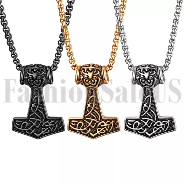 Men's Stainless Steel Norse Viking Thors Hammer Mjolnir Pendant Necklace Chain