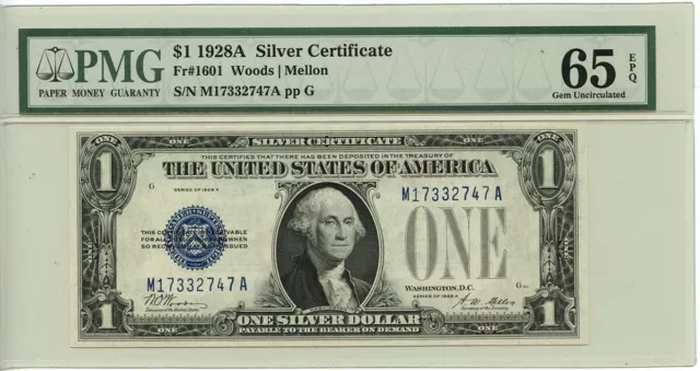 1928A $1 Silver Certificate Blue Woods Mellon Fr# 1601 PMG GEM 65 EPQ