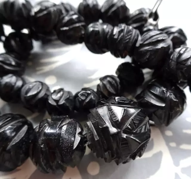 antique Victorian WHITBY JET 17.5" fancy carved rose flower bead necklace -P161