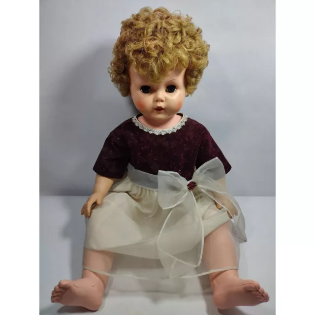 Vintage baby doll 28" marked 26-11 brunette green eyes hard plastic 1950s