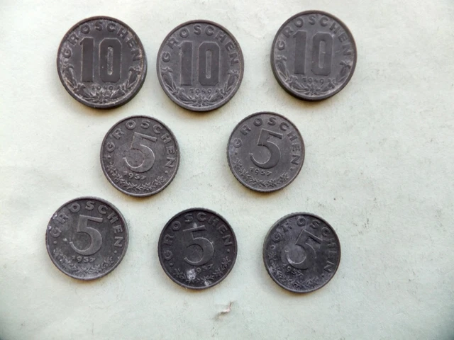 AUSTRIA. zinc - 10 Groschen 1949 x3. 5 Groschen 1957 x5.