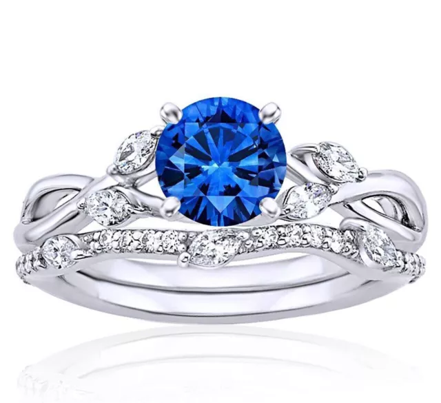 Wedding Ring Set 2.65Ct Round Lab Created Blue Sapphire 14K White Gold Size 7.5