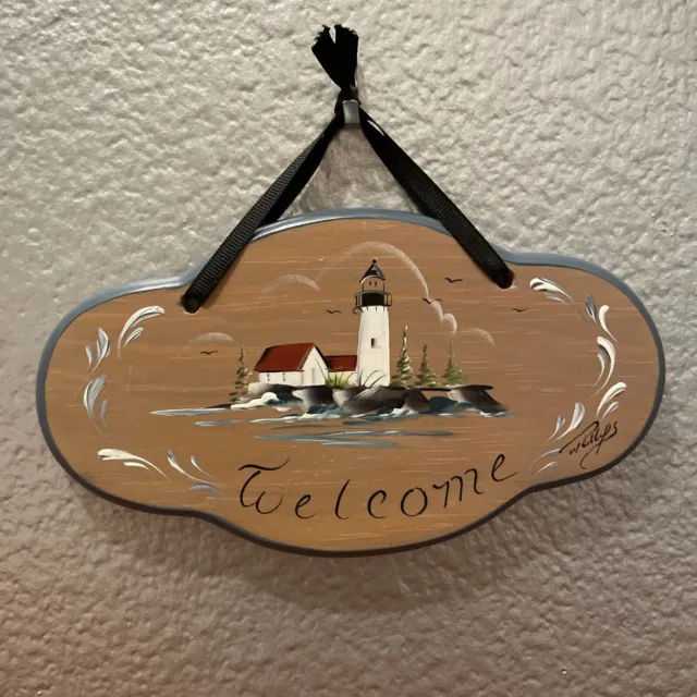 Vintage Welcome Wooden Wall Plaque Lighthouse Seaside MCM Hand Painted Signed