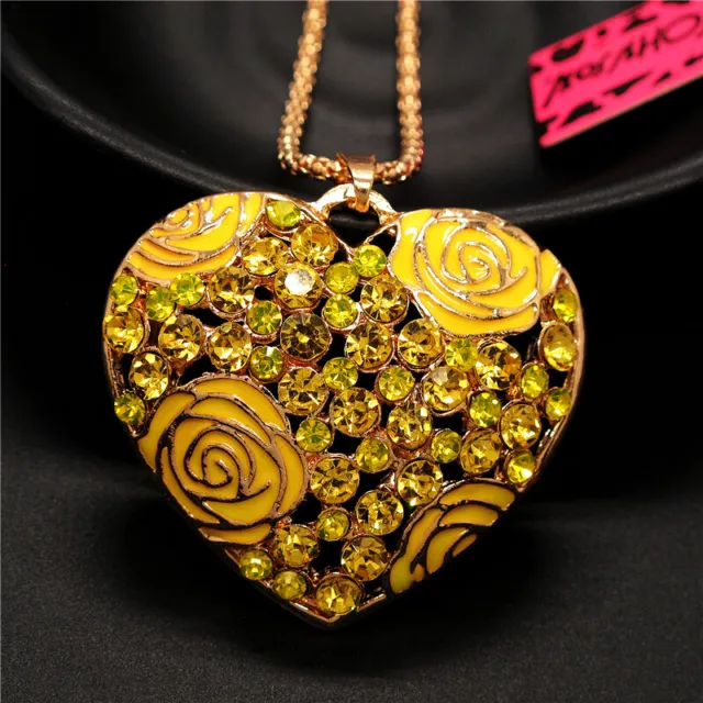 Fashion Women Shiny yellow Rose heart Crystal Pendant Sweater Chain Necklace