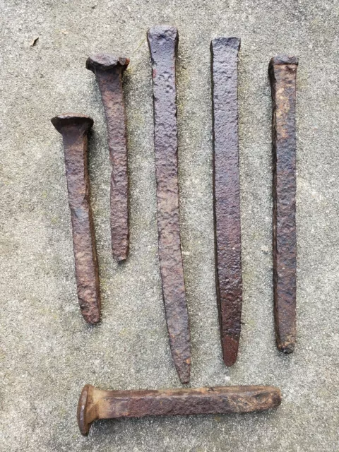 Six (6) Antique Rusty Hand Forged Steel Spikes Old Primitive Barn Iron Large