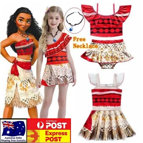 Girls Kids Princess Moana Movie Cosplay Costume Dress Skirt With Necklace 2-8 Yr