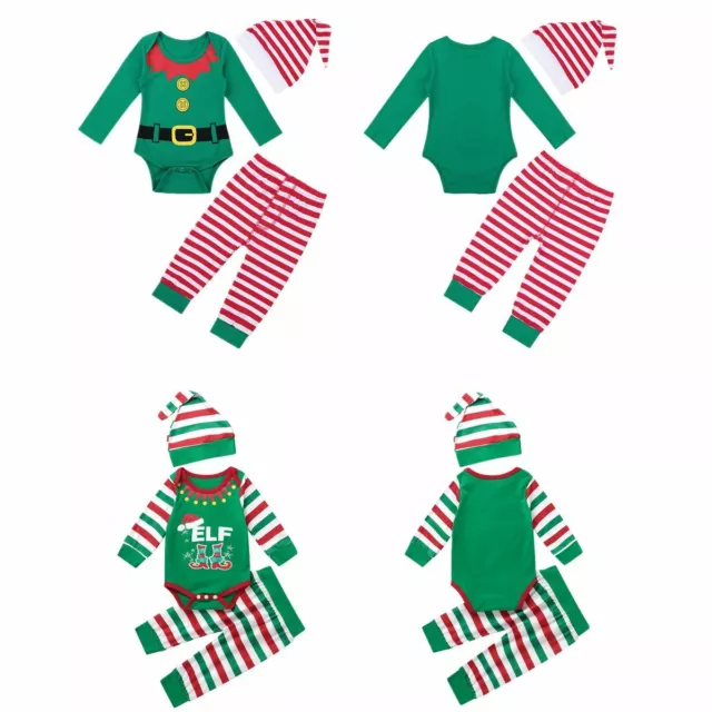 Girls Boys Santa Christmas Outfit Rompers Striped Pants Hat Set Cosplay Costume