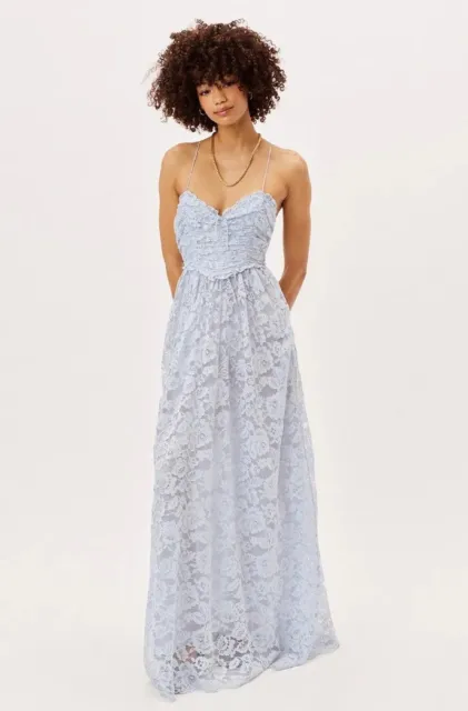 For Love & Lemons Joelle light blue lace maxi dress, size M