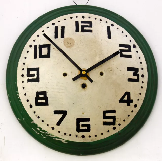 Vintage 32cm French Tin Wall Clock - Green Metal Mid Century Antique Art Deco