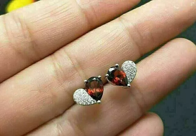 2.00 Ct Pear Cut Simulated Red Garnet Heart Stud Earring 14k White Gold Finish