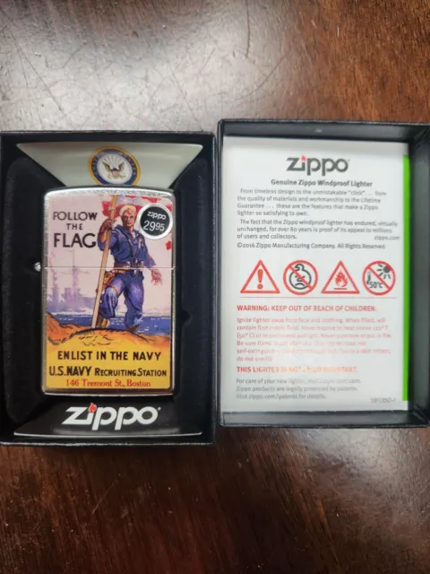 Zippo Military Poster, US Navy Follow the Flag Lighter, Street Chrome NEW IN BOX