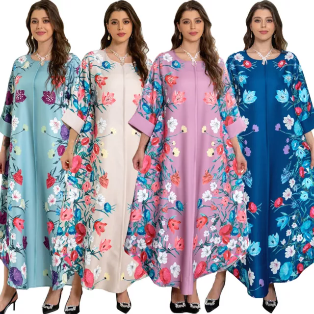 Women Long Sleeve Floral Print Maxi Dress Muslim Abaya Dubai Kaftan Islamic Robe