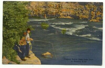 Fishing Below Bass Lake Dam Roaring River Linen Postcard - Missouri