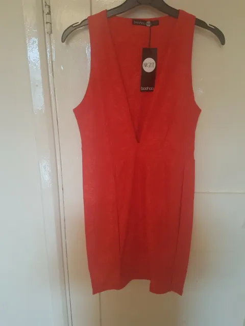 Boohoo Red Jacquard Plunge Neck Bodycon Dress Size 10