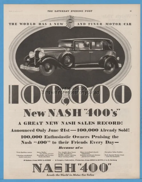 1928 Nash Motors Company Kenosha Wisconsin 400 Four Door Sedan Antique Car Ad