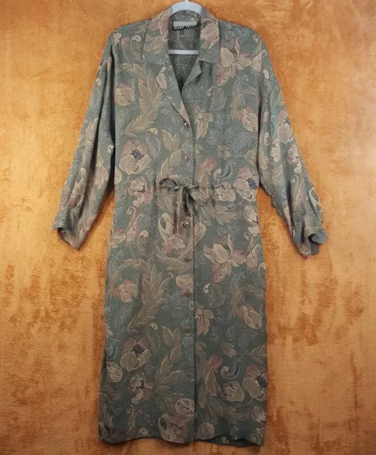 ELLEN TRACY Womens Shirt Dress Size 8 Green Floral Midi Cinched 100% Silk Lined