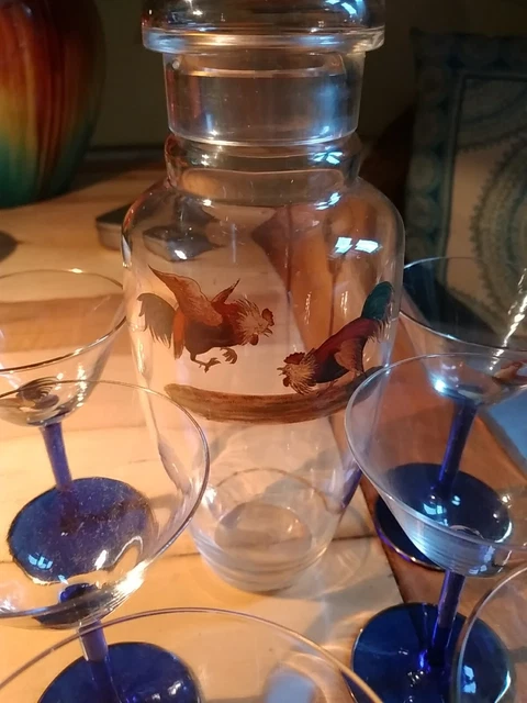 Vintage Cocktail Glasses & Glass Shaker Set with Hand-painted Cockerel/Rooster 2