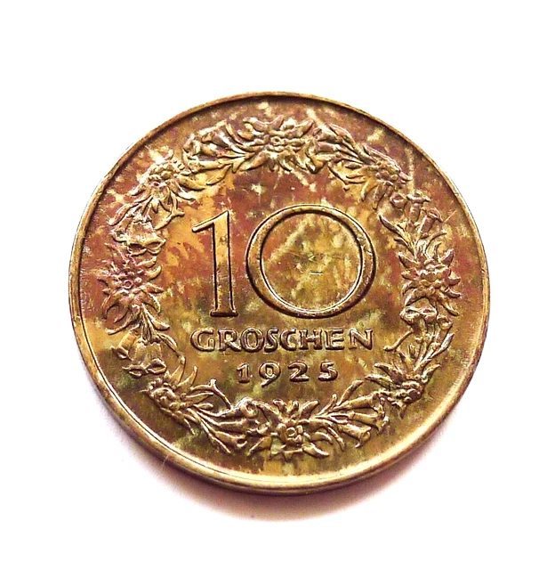 Austria 10 Groschen 1925, High Grade, Superb Attractive Colour Toning. Km#2838