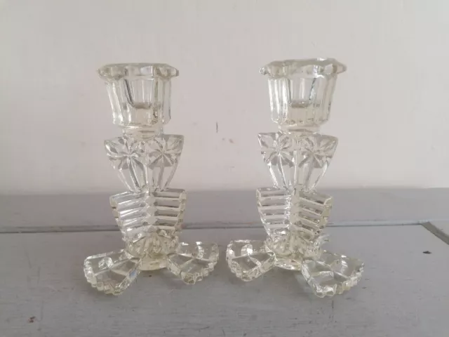 2 x Vintage Bagley Duchess Clear Glass Candlestick Yellow Tint 1930s Art Deco