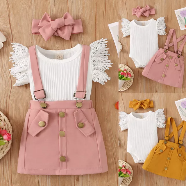Newborn Baby Girls Outfits Lace Sleeve Romper Tops Strap Dress Skirt Headband
