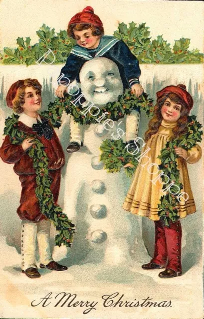 Victorian Christmas Fabric Block Snowman Boy Girl Holly Wreath A Merry Christmas