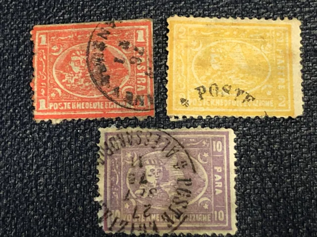 Egypt 1874/75 pyramids , 1 Red, 2 Yellow , Lilac 10 piastre used, Alessandia