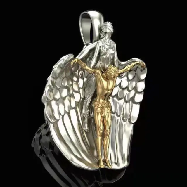 Guardian Angel Jesus Rescue Seraphim Angel Wings Pendant Necklace for Men Women