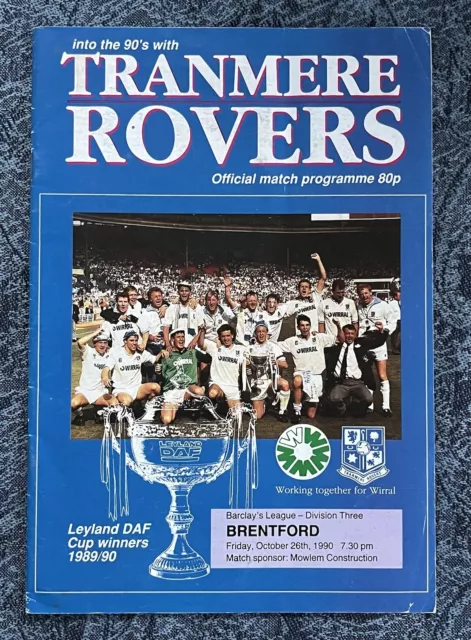 Football Programme - Tranmere Rovers v Brentford - Division 3 - 26 October 1990