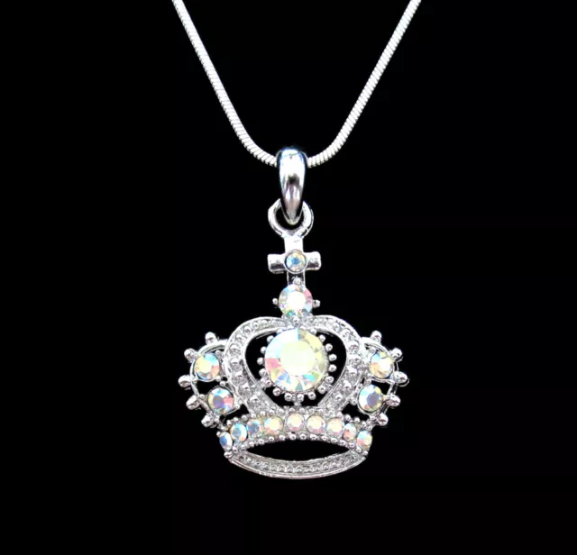 Crystal Crown Tiara Royal Princess King Queen Pendant Charm Necklace Silver Tone