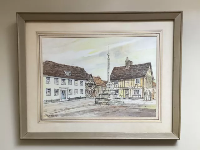 Framed Glazed Signed Picture Village Square Pen & Ink Drawing + Watercolour Wash