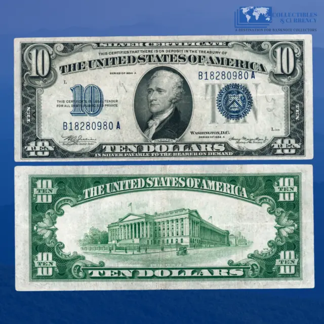 1934A $10 Ten Dollars Silver Certificate Blue Seal, VF Condition #80980