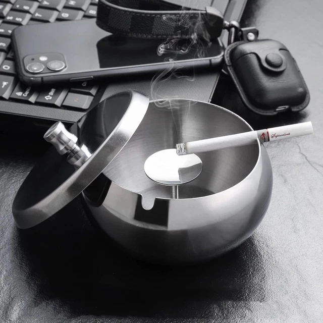 Stainless Steel Round Glass Ashtray Cigarette Smoking Ash Tray Home Pub Garden