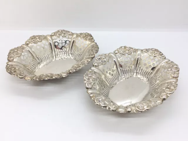 Pair Of Antique Edwardian Solid Sterling Silver pierced Bon Bon Dishes - 67.5g