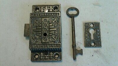 Unusual Antique Eastlake Victorian Ornate Cast Iron Cabinet Lock with Key