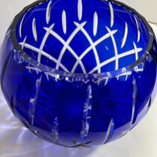Czech Bohemian Rose Bowl Cobalt Blue Cut-to-Clear Crystal 6-1/2” Tall X 8” Wide