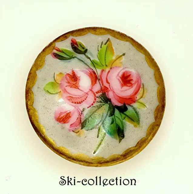 Ancien Bouton en Porcelaine- Rose, peint à la main. France, XIX°s. 31 mm