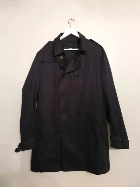 HUGO BOSS Mens Overcoat Raincoat Black Water Repellent Size 54 Double Breasted