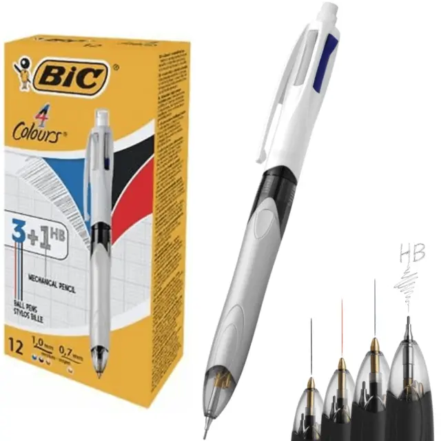 NEW 12x BIC 4 Colour Pen 3+1 Colours & Mechanical Pencil Pacer Red Blue Black Bo