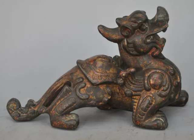 6.6" old Chinese bronze Gilt fengshui wealth Brave troops Pixiu beast statue