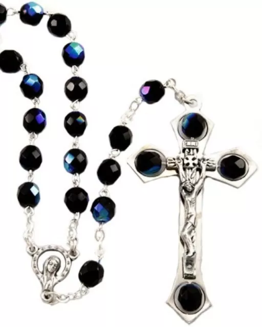 New Made In Italy Black Aurora Borealis Crystal Bead Rosary W/ Large Crucifix