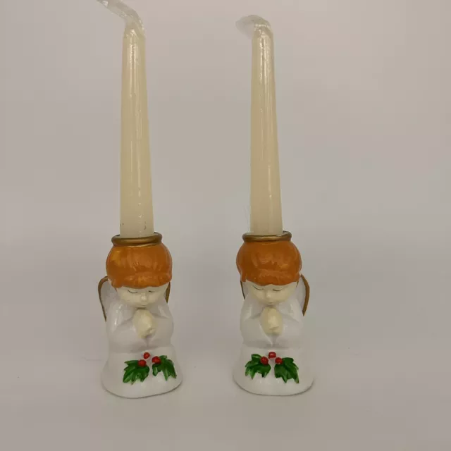 Christmas Candle Holders Twin Angels With White Candles Praying Pair Vintage