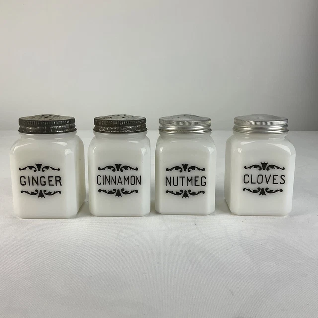 VTG SET 4 WHITE MILK GLASS SPICE JARS by DOVE w/LIDS Nutmeg Cloves Ginger Cinnam VTG SET 4 WHITE MILK GLASS SPICE JARS by DOVE w/LIDS Nutmeg Cloves Ginger Cinnam