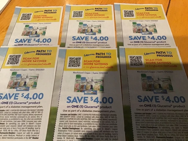 Lot 6 Glucerna Product Coupons Save $4/1  Expires 12/2/23
